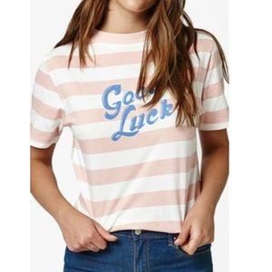 “Good Luck” Pink/white striped tee-shirt